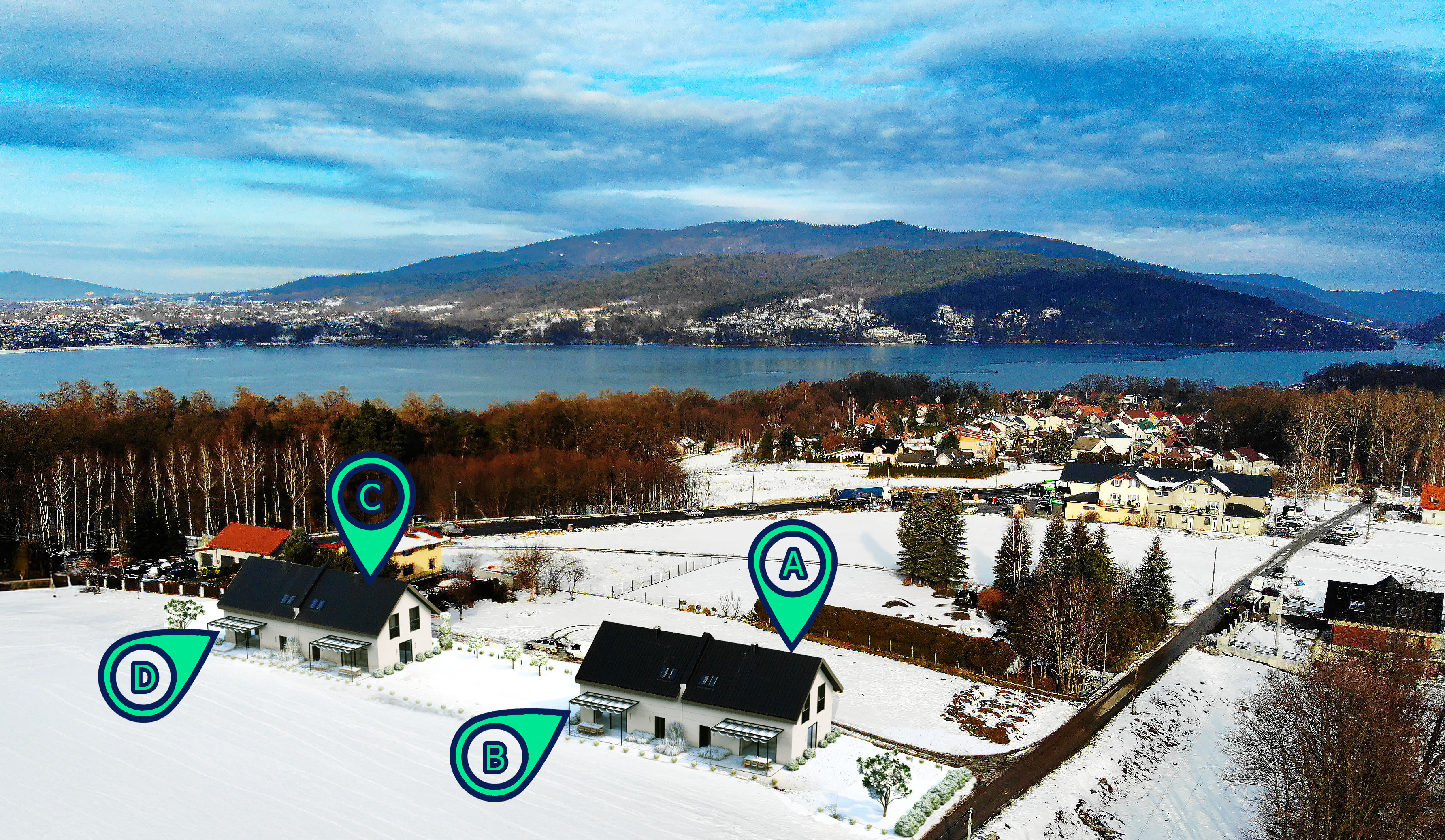 Projekt zagospodarowania terenu - widok z lotu ptaka na 4 domy A, B, C, D